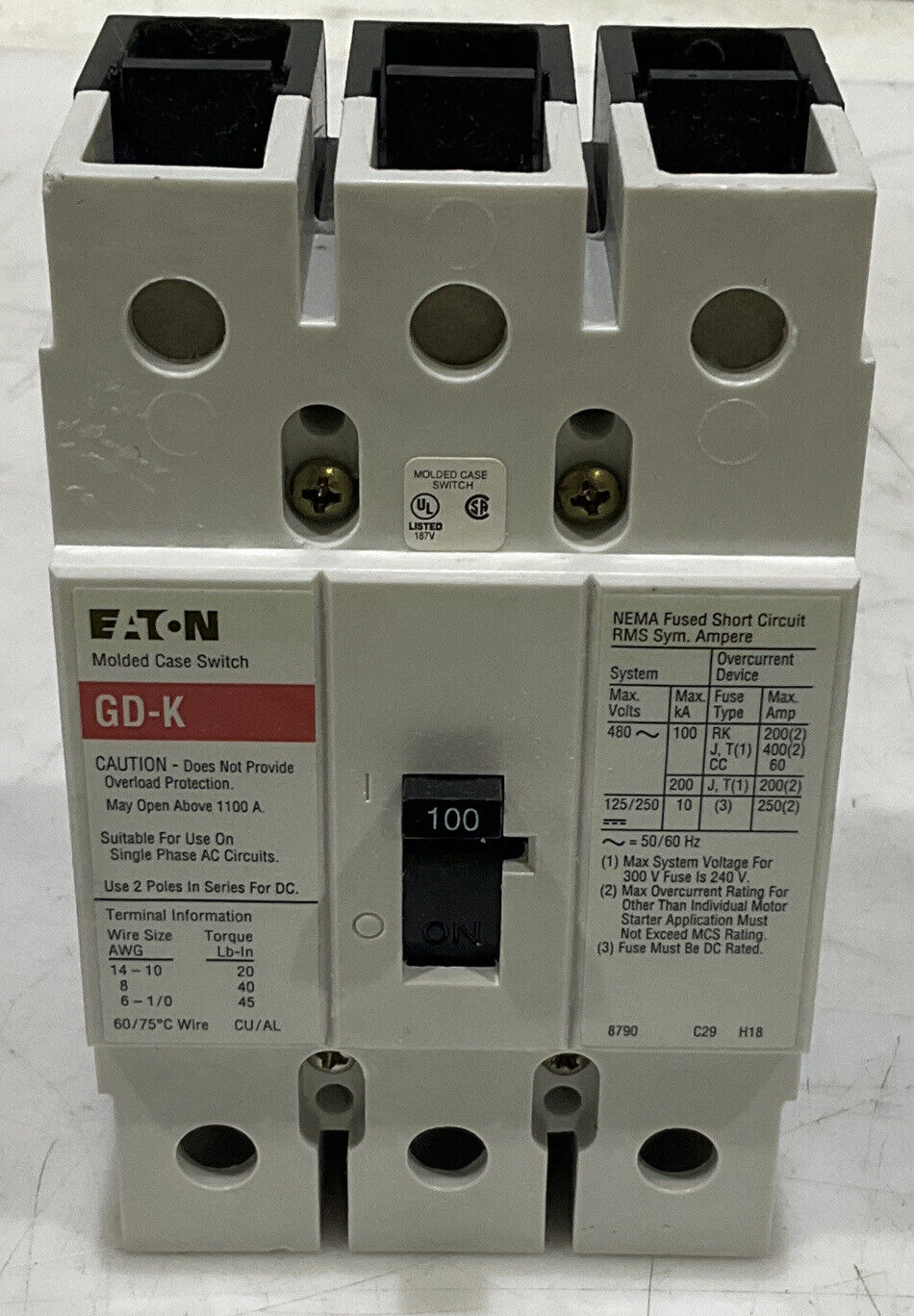 EATON GD3100K 100A MOLDED CASE SWITCH CIRCUIT BREAKER U3S