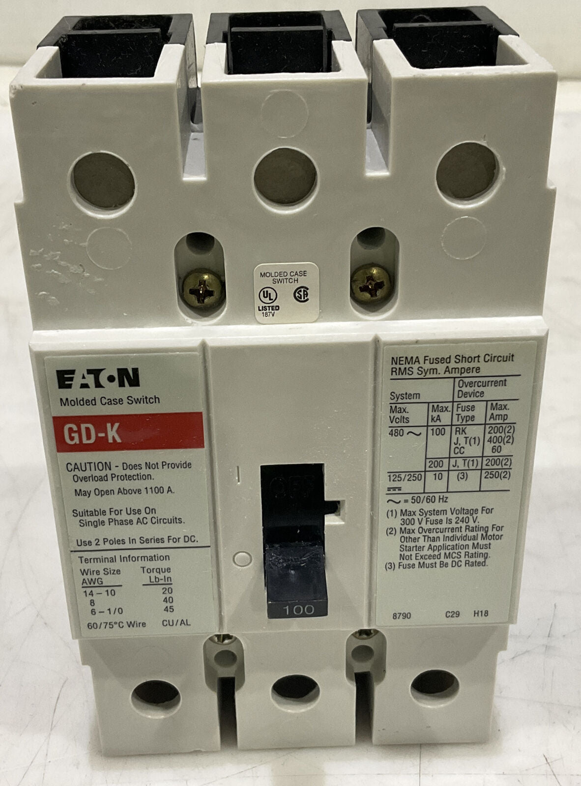 EATON GD3100K 100A MOLDED CASE SWITCH CIRCUIT BREAKER U3S