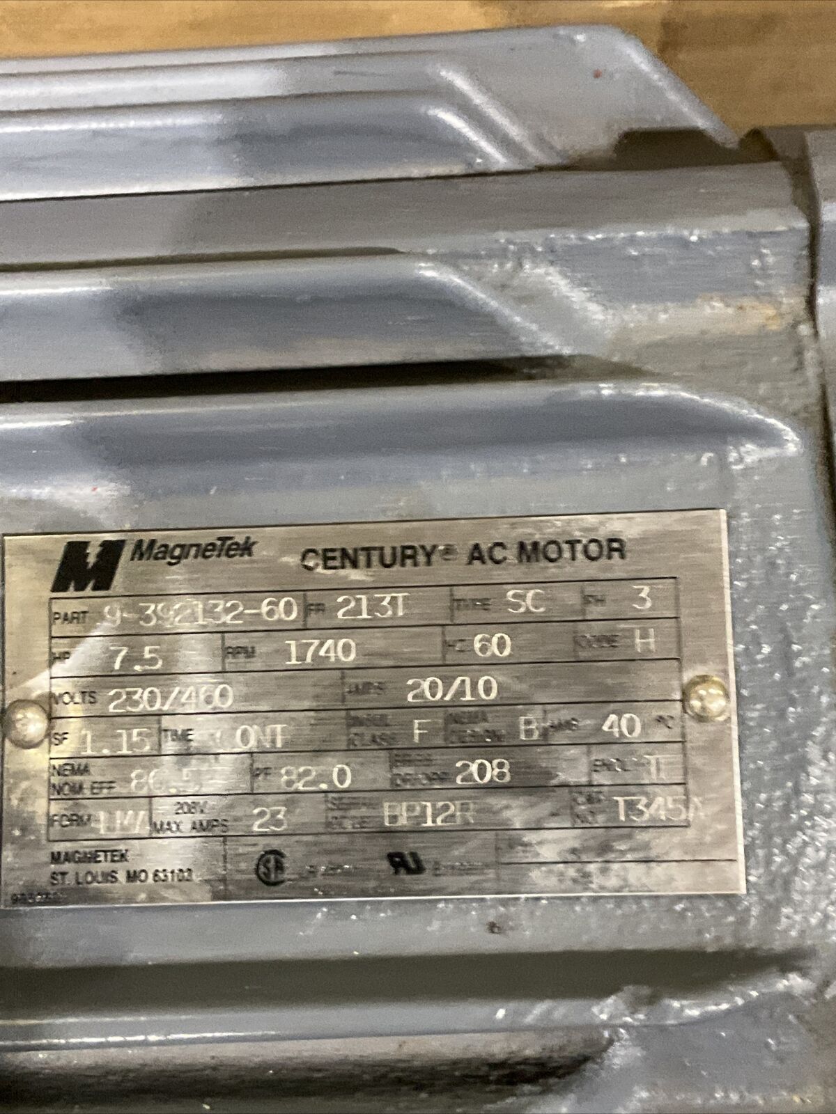 MAGNETEK 9-392132-60 AC MOTOR TYPE SC 3 P 7.5HP 213T 1740RPM 20/10A U3S