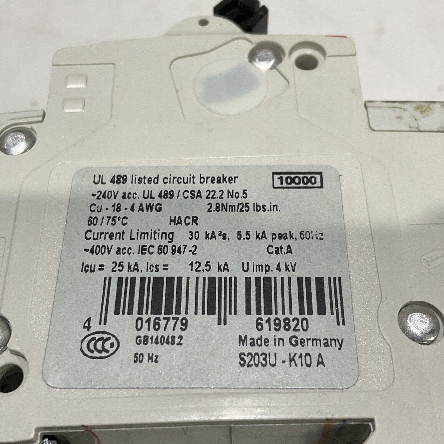 ABB S203U-K 10 A CIRCUIT BREAKER 3P 15A 50/60HZ 240V U3S