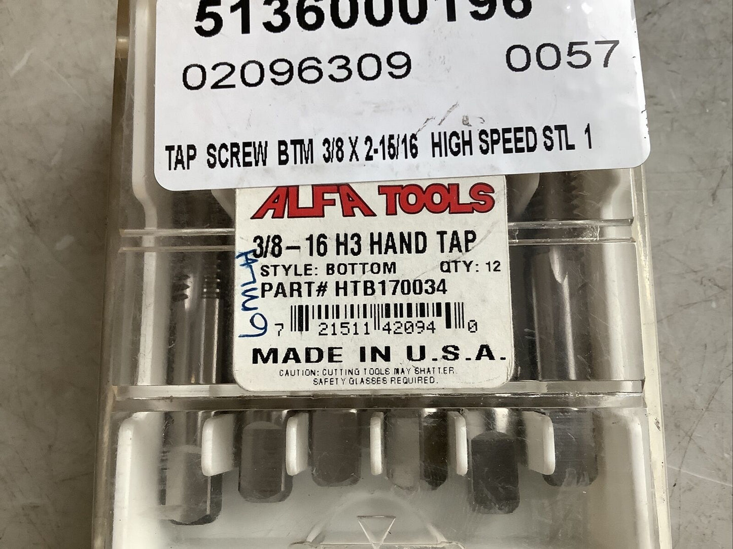 ALFA TOOLS HTP170034 HAND TAP PLUG 3/8-16 H3 FL 373 - QTY 6