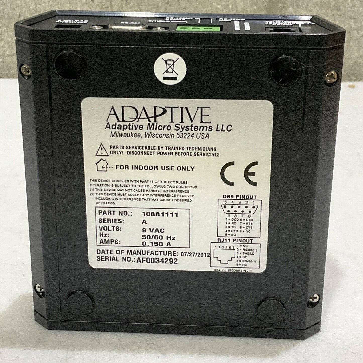 AMS RS-232/RS-485 10881111 CONVERTER 9 VAC 50/60 HZ .150A U3S