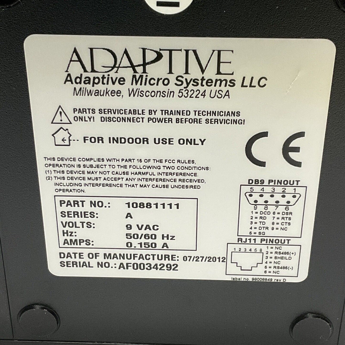 AMS RS-232/RS-485 10881111 CONVERTER 9 VAC 50/60 HZ .150A U3S