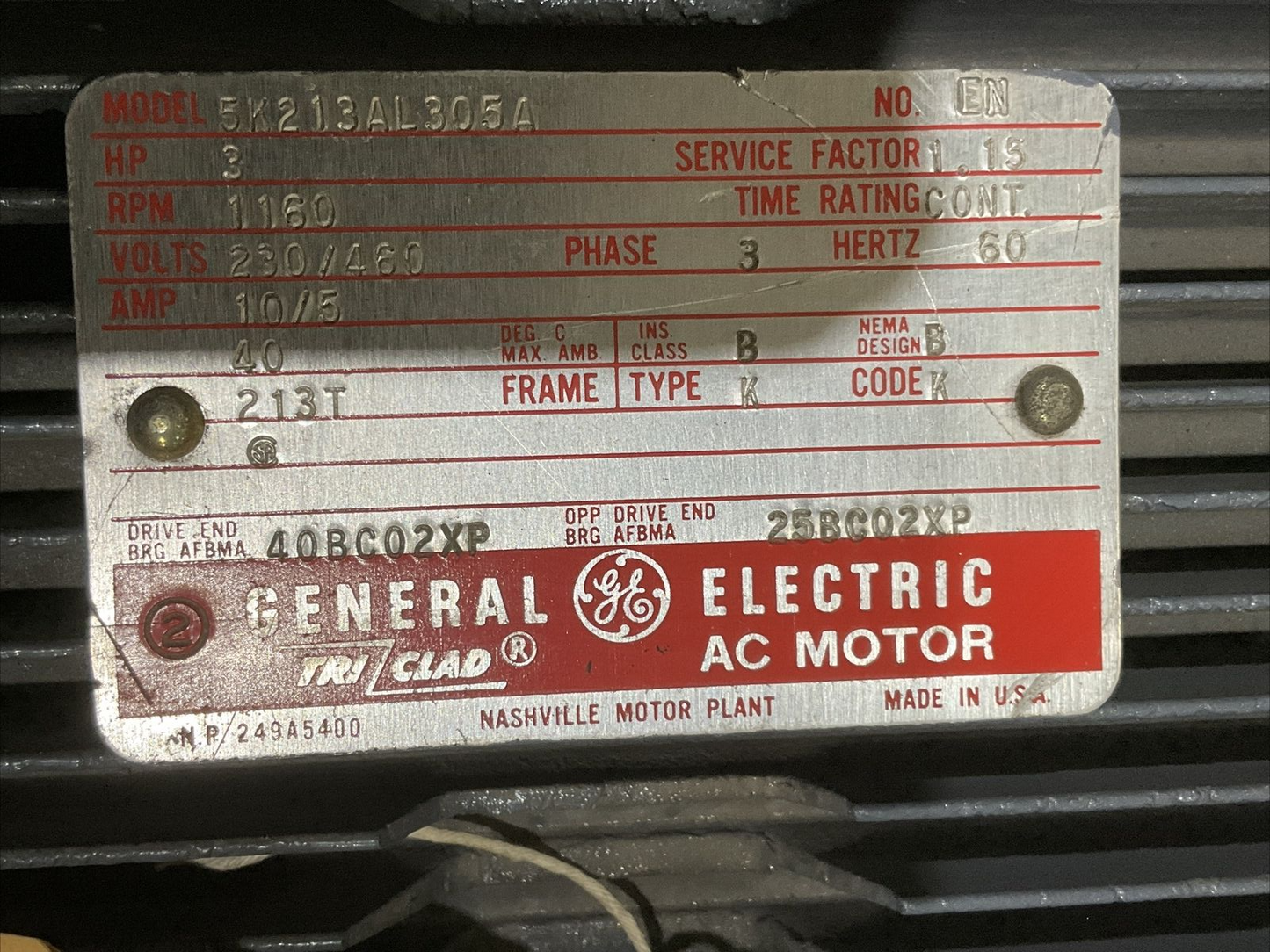 GENERAL ELECTRIC 5K213AL305A AC MOTOR 3HP 1160RPM 230/460V 60HZ 3P U3S