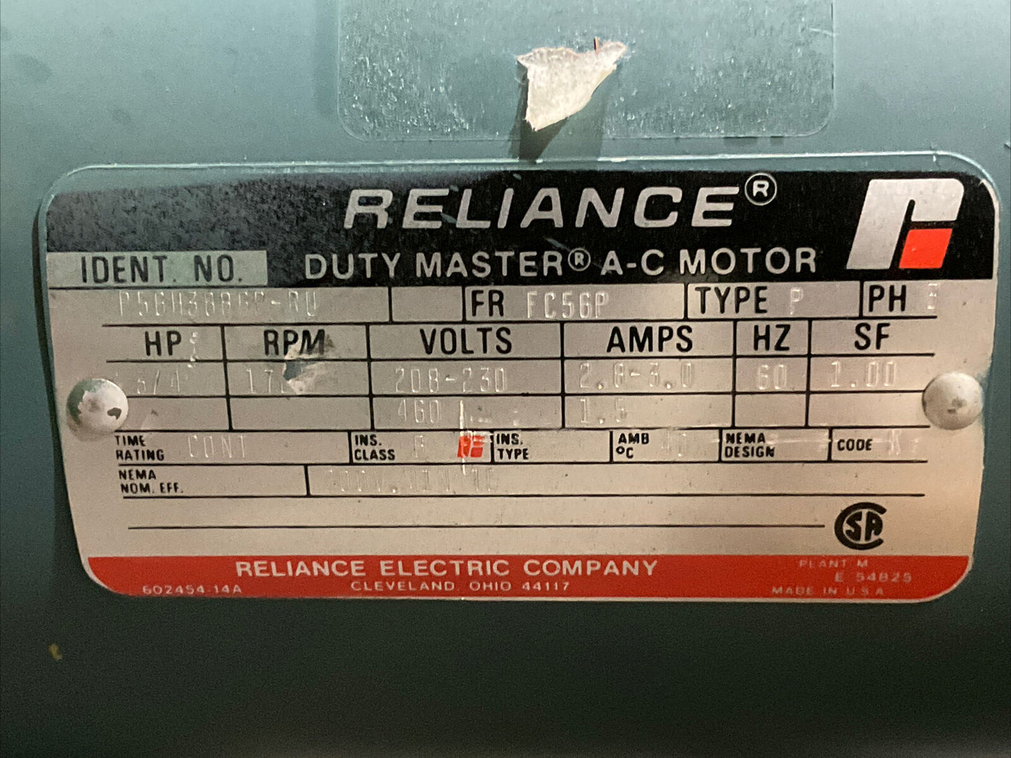 RELIANCE P56H3886P-RU DUTY MASTER AC MOTOR FC56P TYPE P 3PH 1725RPM U3S