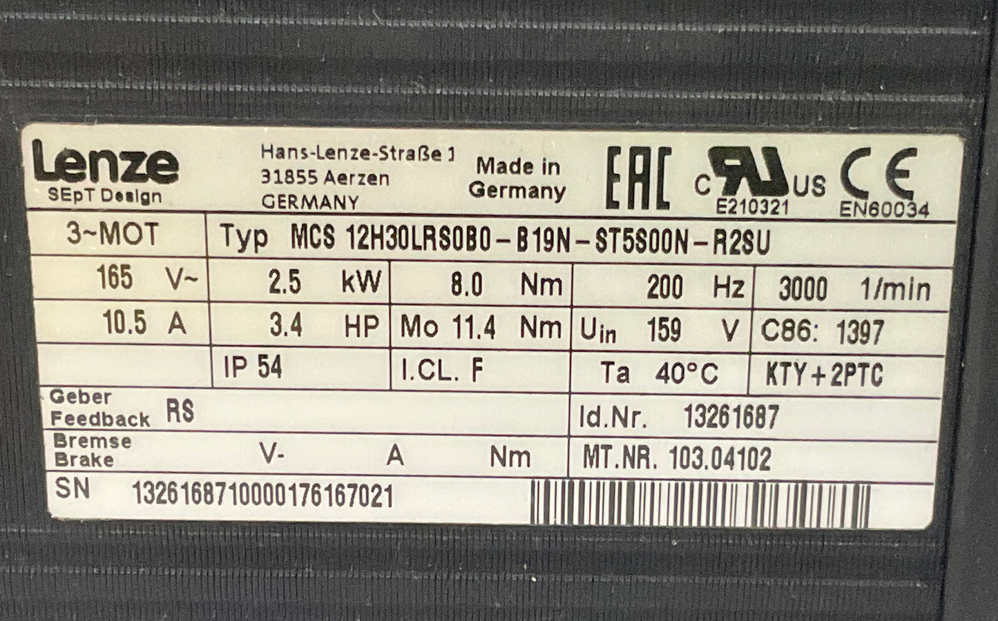 LENZE MCS 12H30LRS0B0-B19N-ST5S00N-R2SU SERVO MOTOR U3S