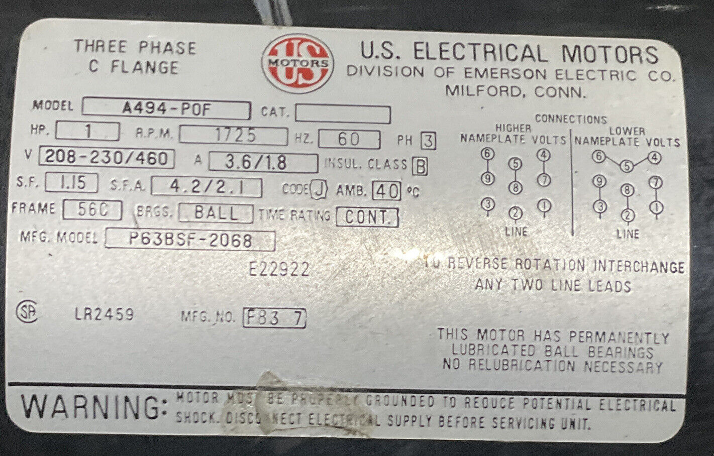 US MOTORS A494-PDF THREE PHASE C FLANGE 1HP W/ WINSMITH SPEED REDUCER U3S