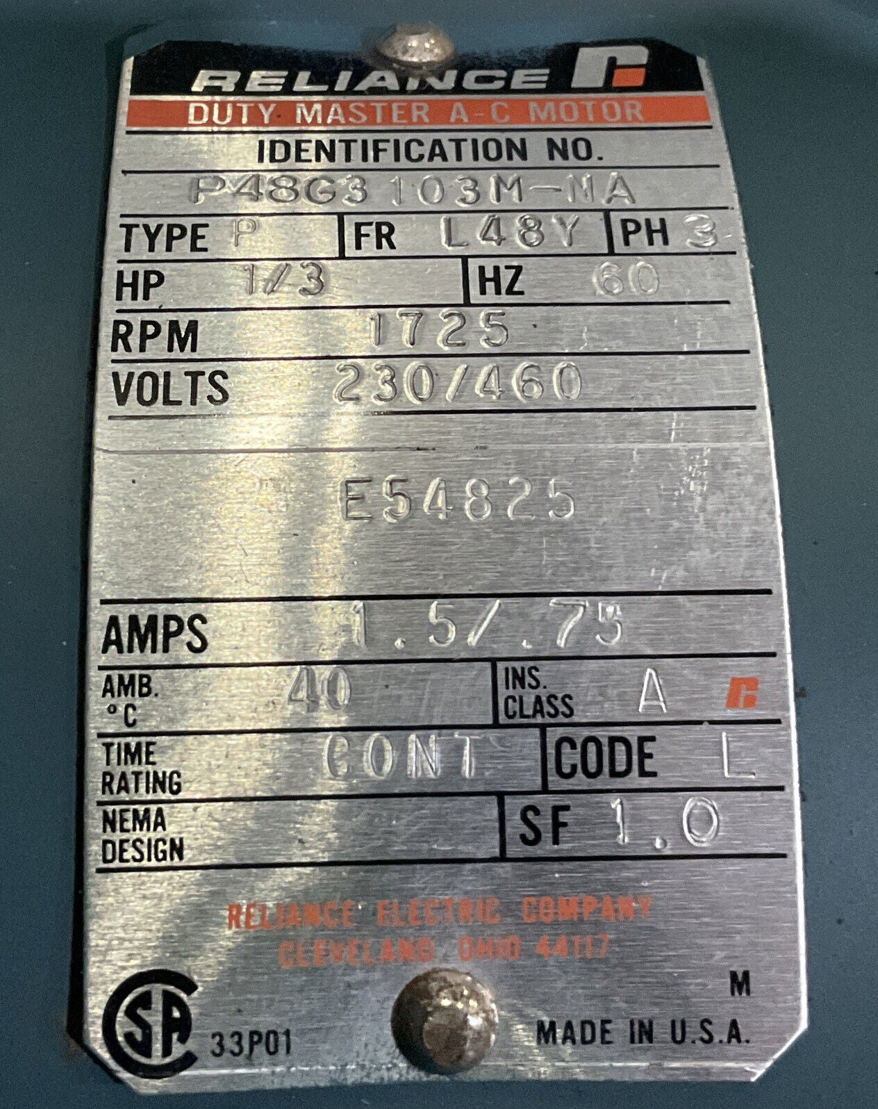 RELIANCE P48G3103M-NA 56B10 TIGEAR DUTY SPEED REDUCER W/ AC MOTOR 1750RPM U3S