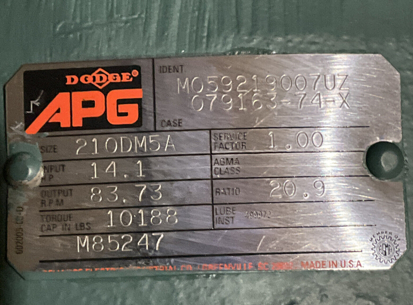 RELIANCE ELECTRIC 210DM5A APG REDUCER 20.9 RATIO U3S