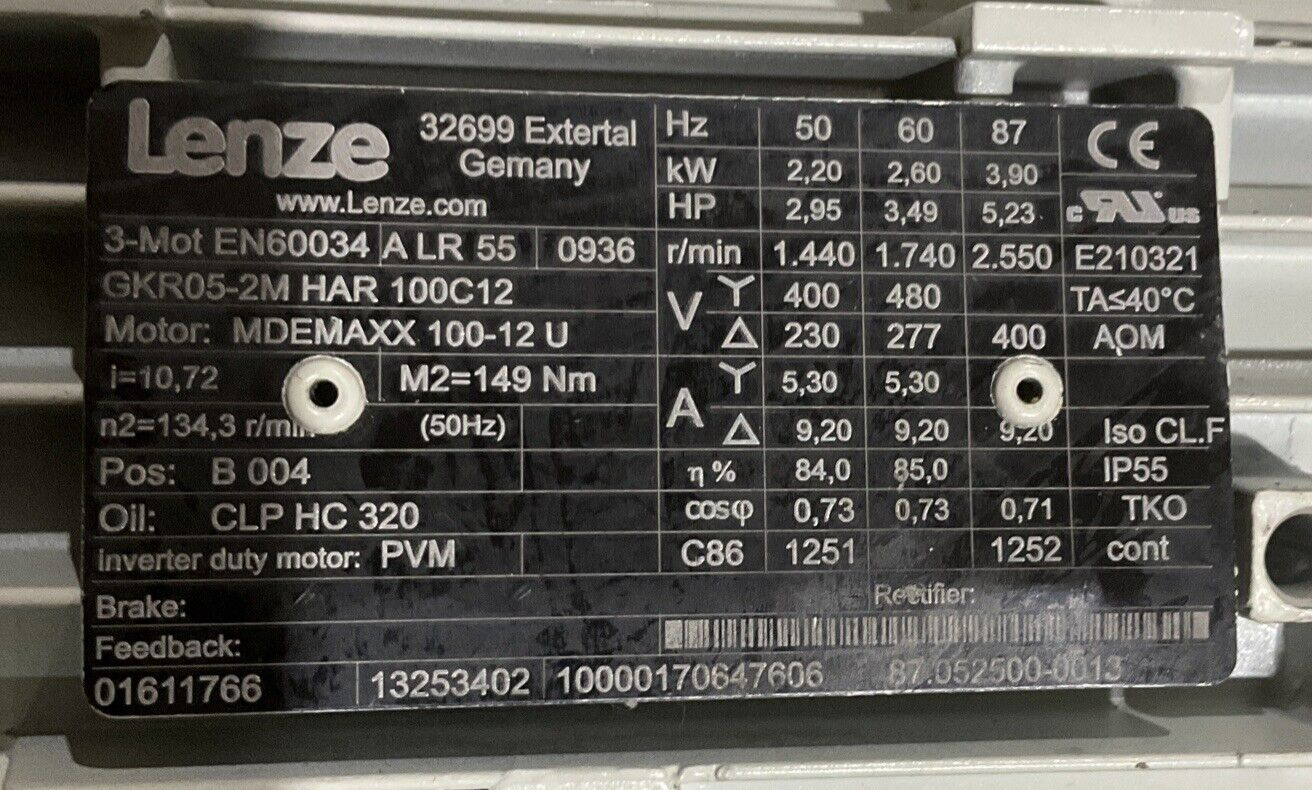 LENZE MDEMAXX 100-12U GKR05-2M HAR 100C12 EN60034 GEAR MOTOR U3S