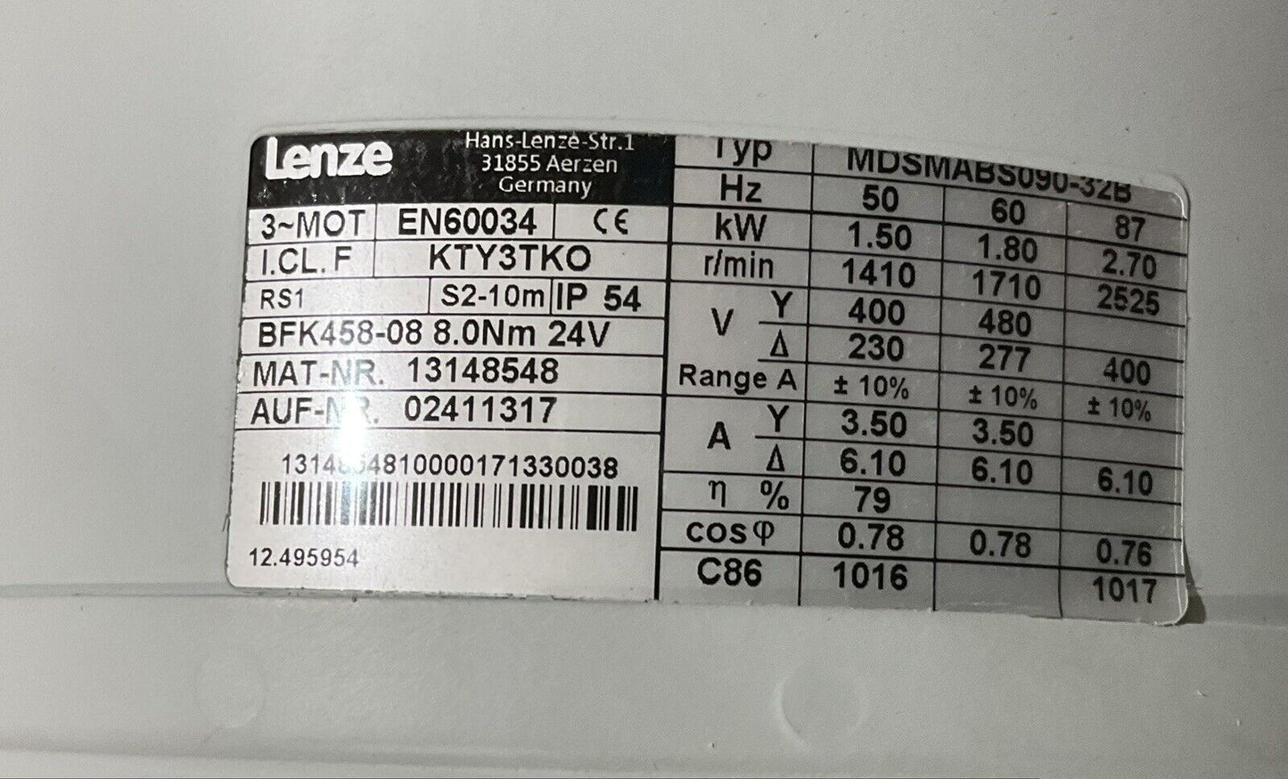 LENZE MDSMABS090-32B MDSMABSUYU-326 SERVO MOTOR US3