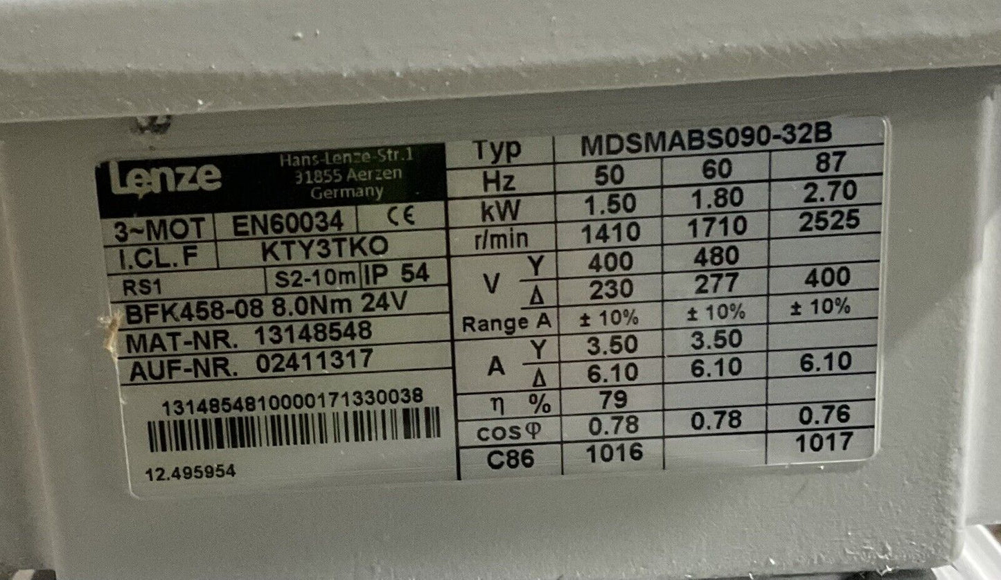 LENZE MDSMABS090-32B MDSMABSUYU-326 SERVO MOTOR US3