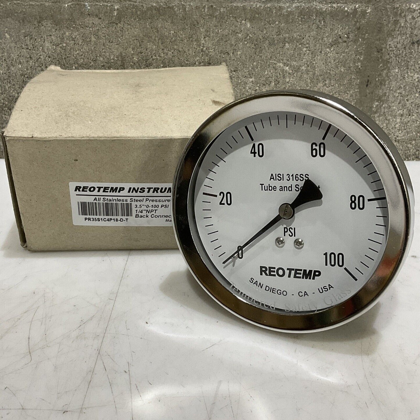 REOTEMP INSTRUMENT PR35S1C4P18-D-T PRESSURE GAUGE 3.5” 0-100PSI 1/4” NPT 373