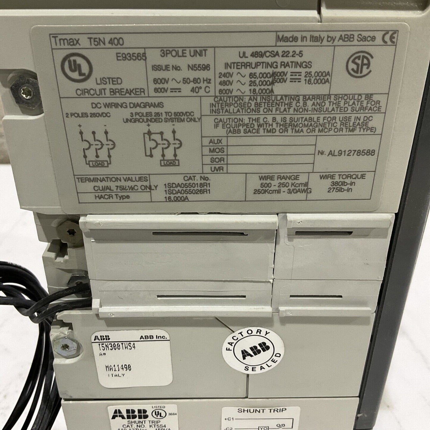 ABB T5N300TWS4 SACE TMAX TSN 400 CIRCUIT BREAKER 300A 3P U3S