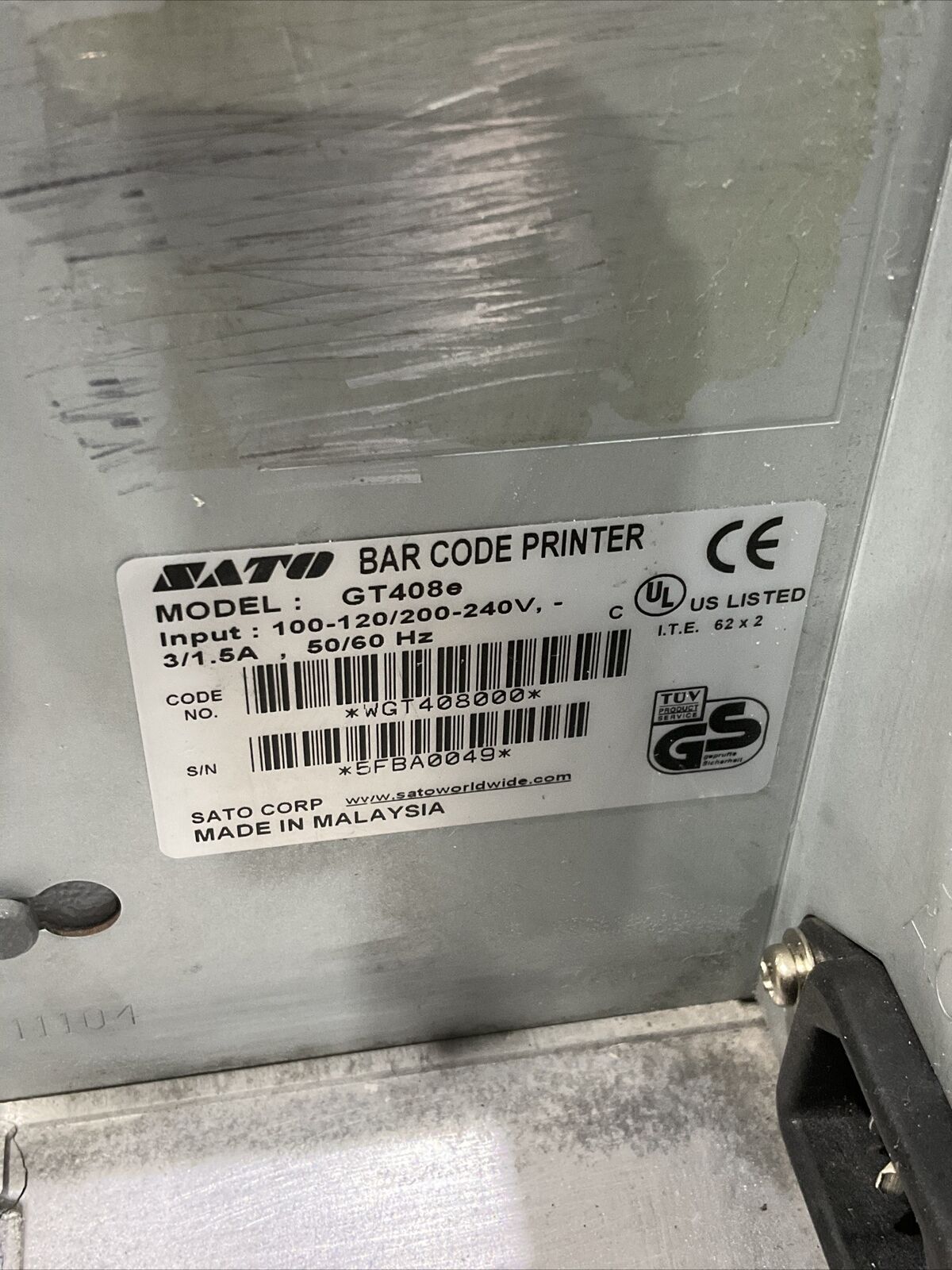 SATO GT408E BAR CODE PRINTER 240V 1.5 A 50/60 HZ U3S