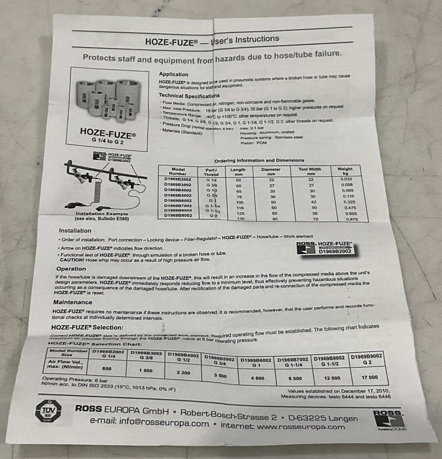 ROSS 1969B3001 HOZE-FUZE SAFETY VALVE U3S