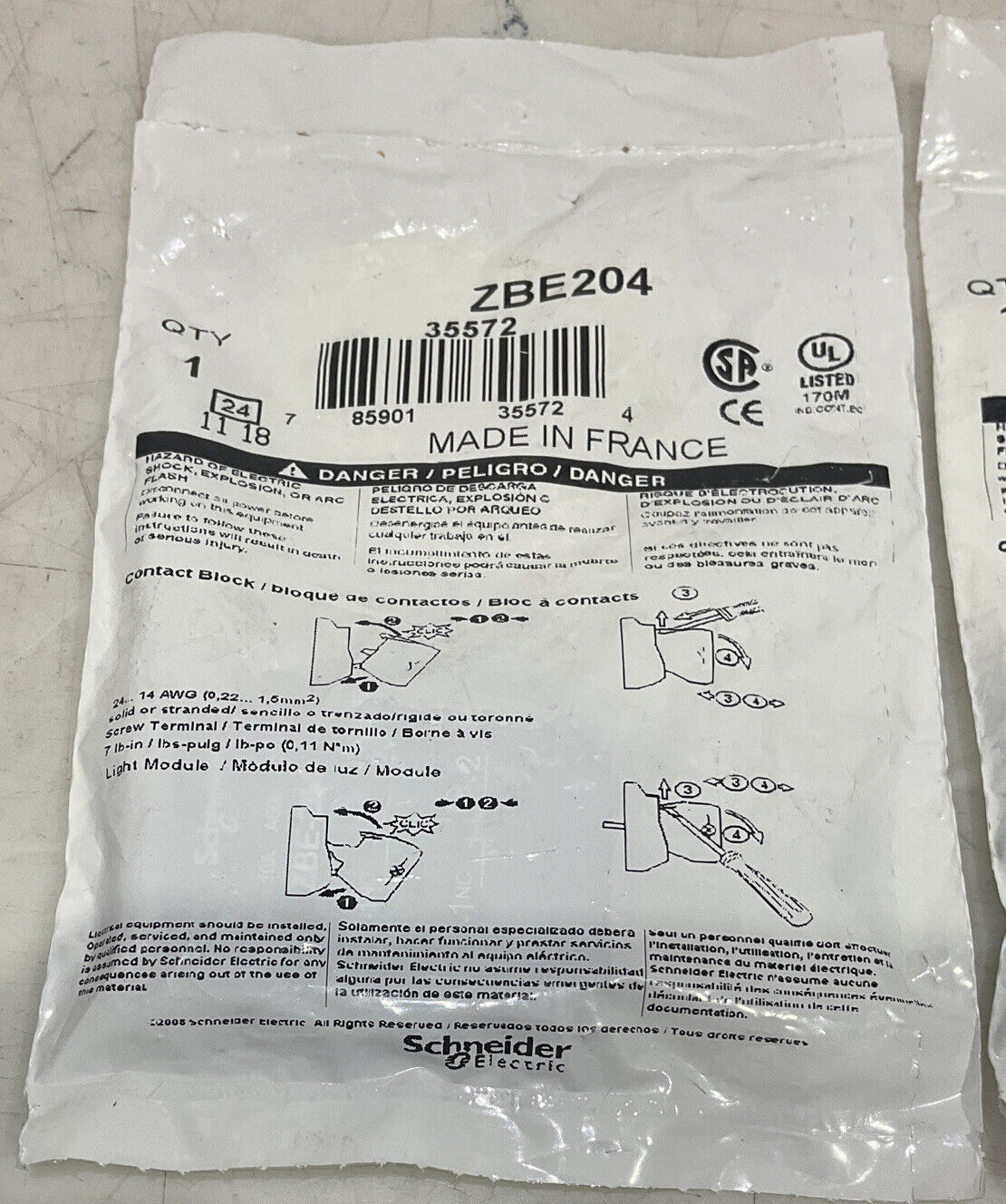 SCHNEIDER ZBE204 AND ZBE203 SINGLE PUSHBUTTON CONTACT BLOCK U3S