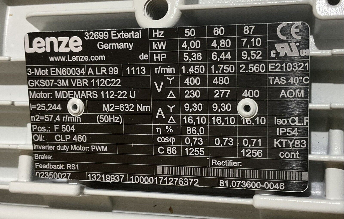 LENZE GKS07-3M VBR 112C22 MDEMARS 112-22U EN60034 MOTOR U3S