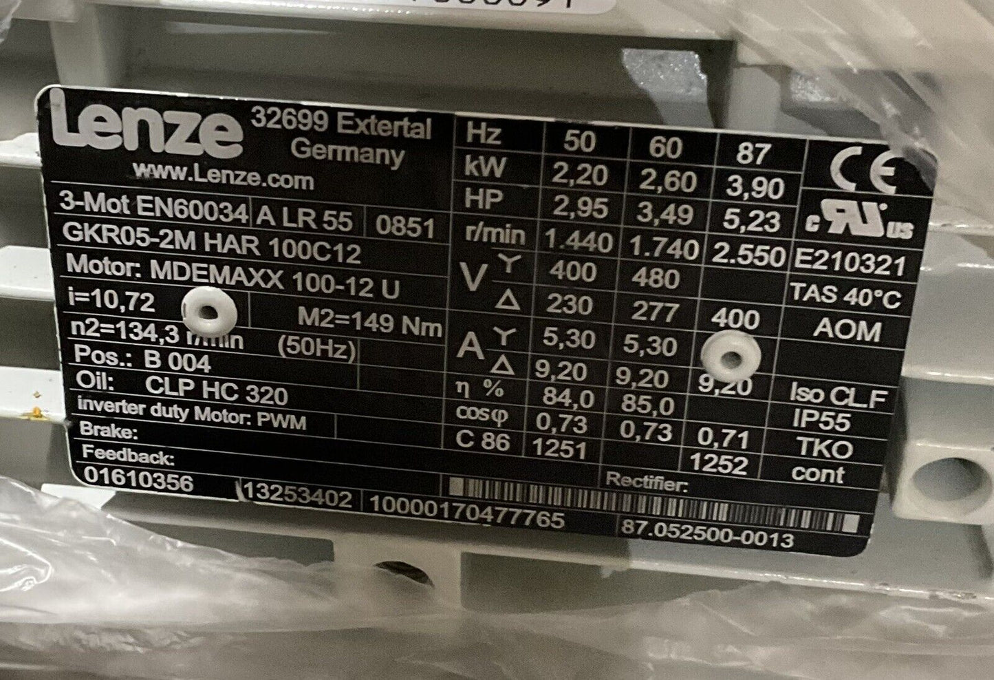 LENZE GKR05-2M HAR 100C12 MDEMAXX 100-12U EN60034 MOTOR U3S