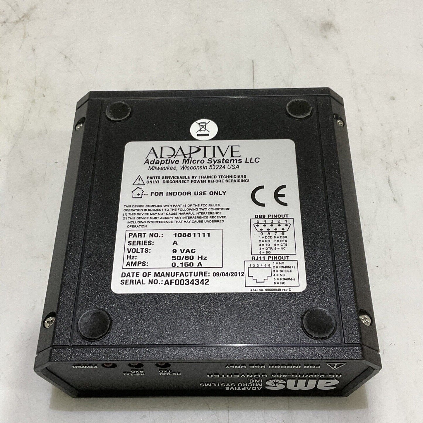 AMS RS-232/RS-485 10881111 CONVERTER 9 VAC 50/60 HZ .150A U3S