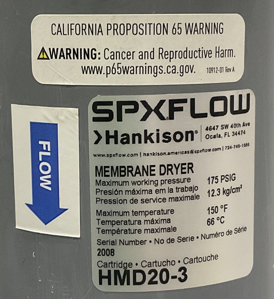 HANKISON SPXFLOW HMD20-3 MEMBRANE AIR DRYER 175 PSIG 12 BAR 150 F 66 C U3S