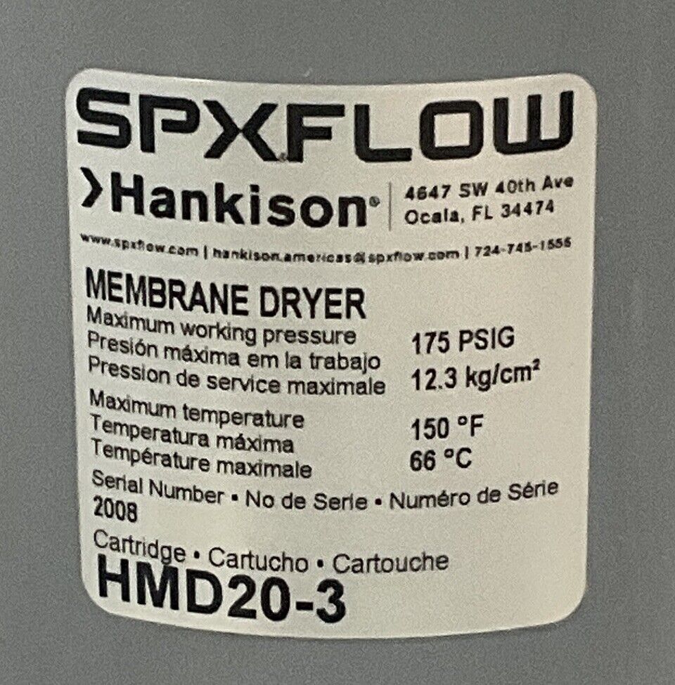 HANKISON SPXFLOW HMD20-3 MEMBRANE AIR DRYER 175 PSIG 12 BAR 150 F 66 C U3S