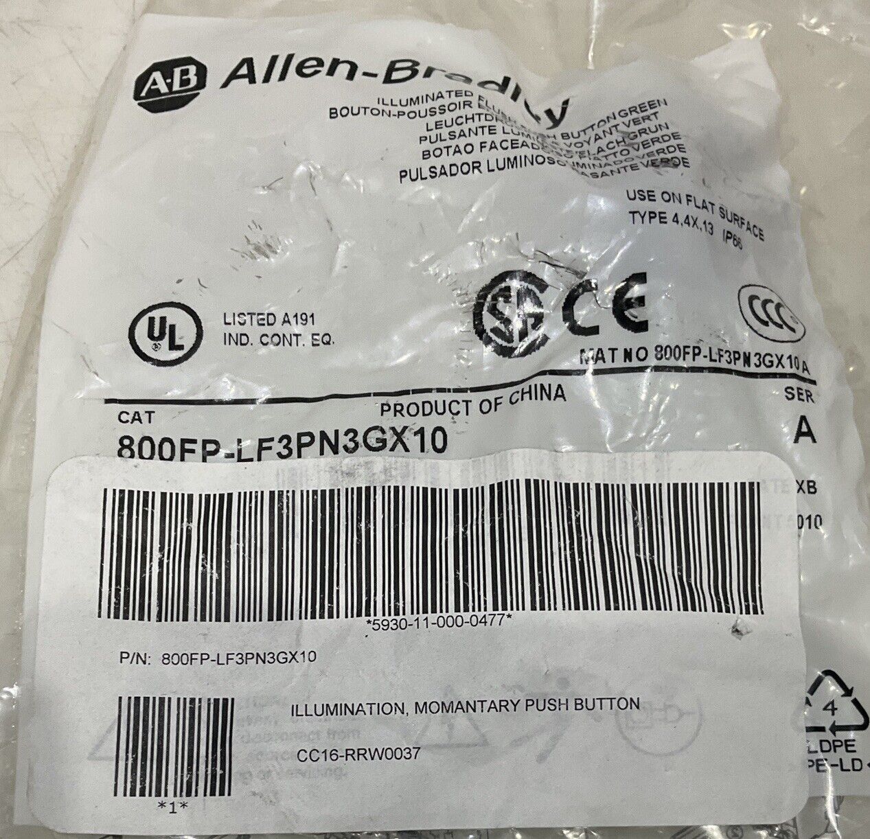 ALLEN-BRADLEY 800FP-LF3PN3GX10 GREEN SWITCH LIGHT LED PUSHBUTTON U3S