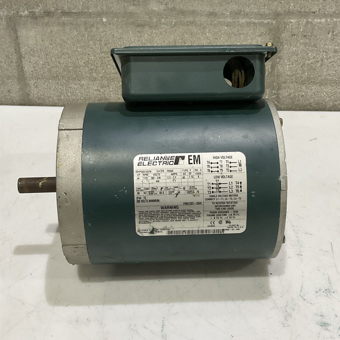 RELIANCE ELECTRIC P56X1337H EM MOTOR TYPE P 3/4 HP 208-230 V 2.2 AMP 60 HZ U4M