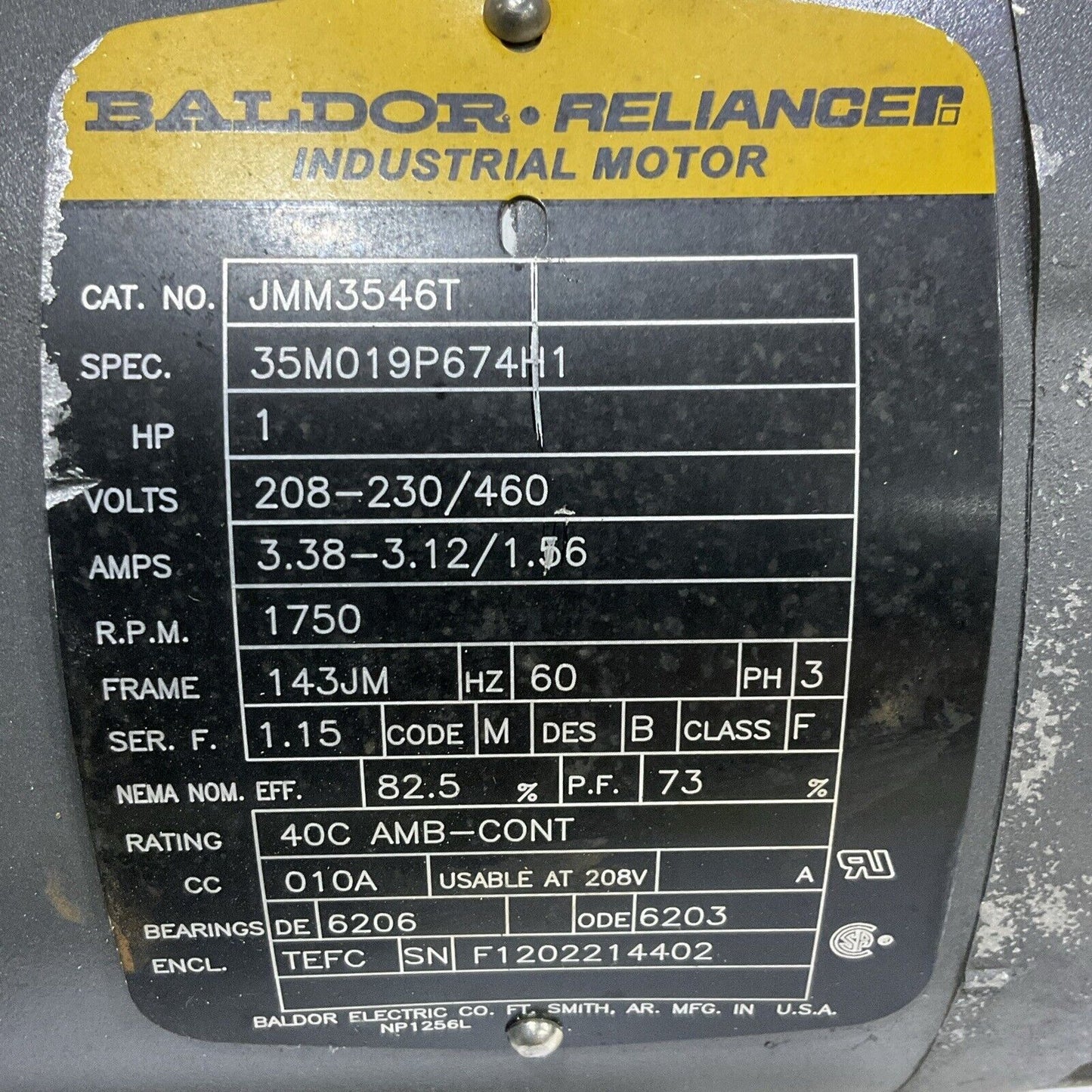 BALDOR RELIANCE JMM3546T INDISTRIAL MOTOR HP 1 208-230/460V 3.38 1750 RPM U4S