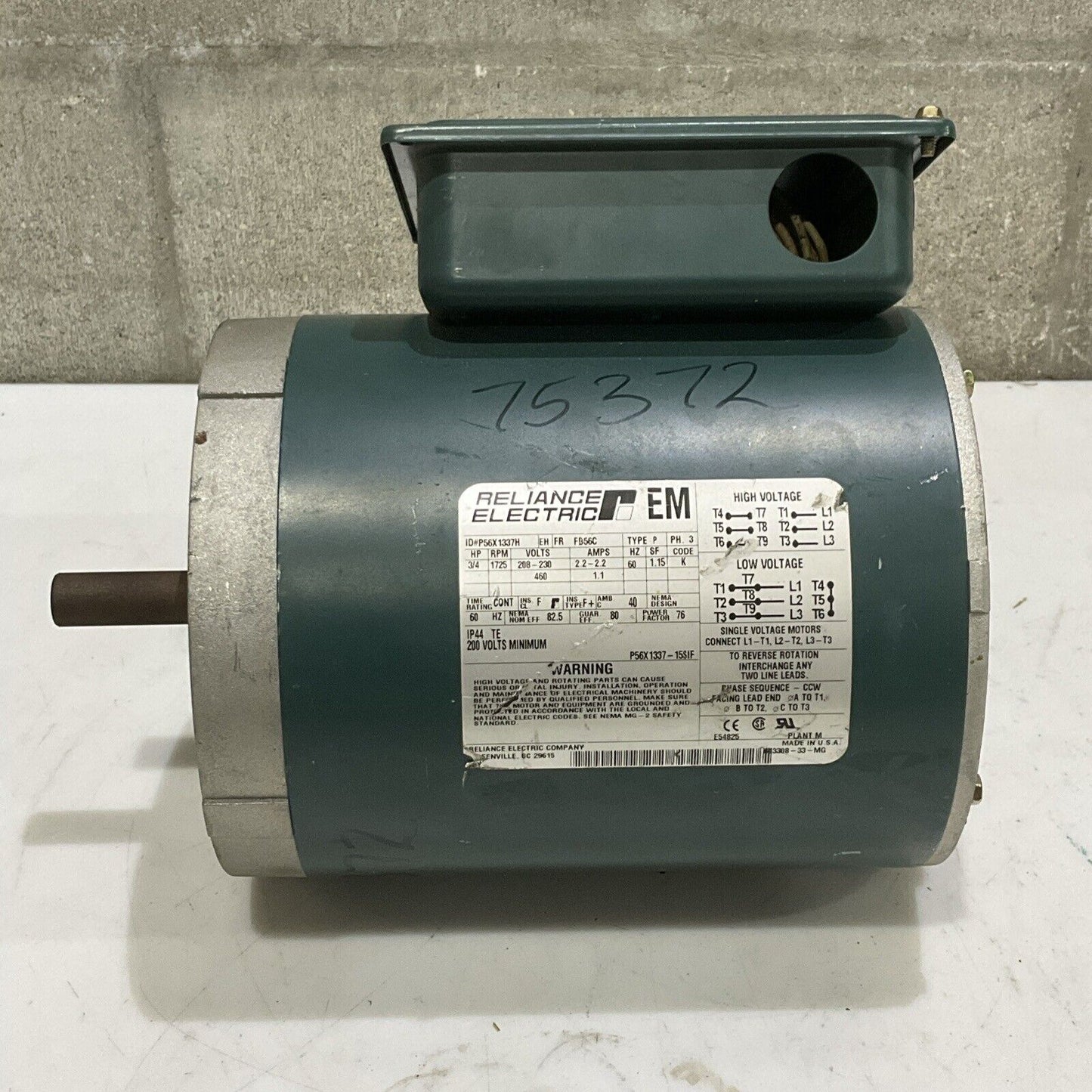 RELIANCE ELECTRIC P56X1337H EM MOTOR TYPE P 3/4 HP 208-230 V 2.2 AMP 60 HZ U4M