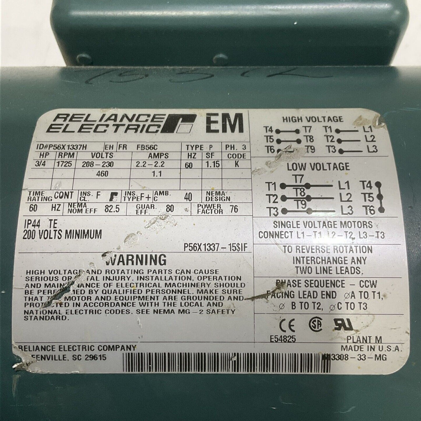 RELIANCE ELECTRIC P56X1337H EM MOTOR TYPE P 3/4 HP 208-230 V 2.2 AMP 60 HZ U4M