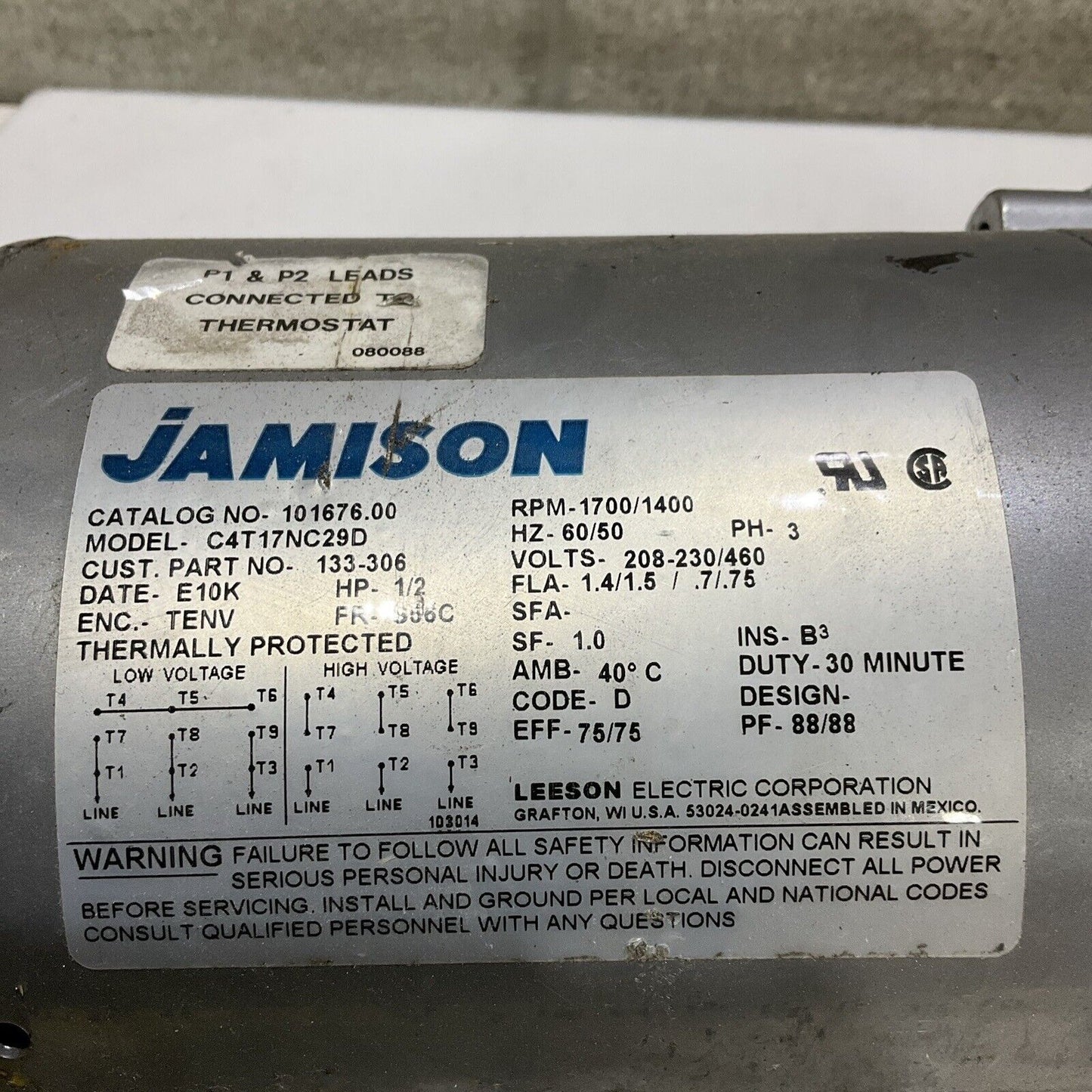 JAMISON C4T17NC29D MOTOR 1/2 HP 1700 RPM 60/50 HZ 3PH U4M