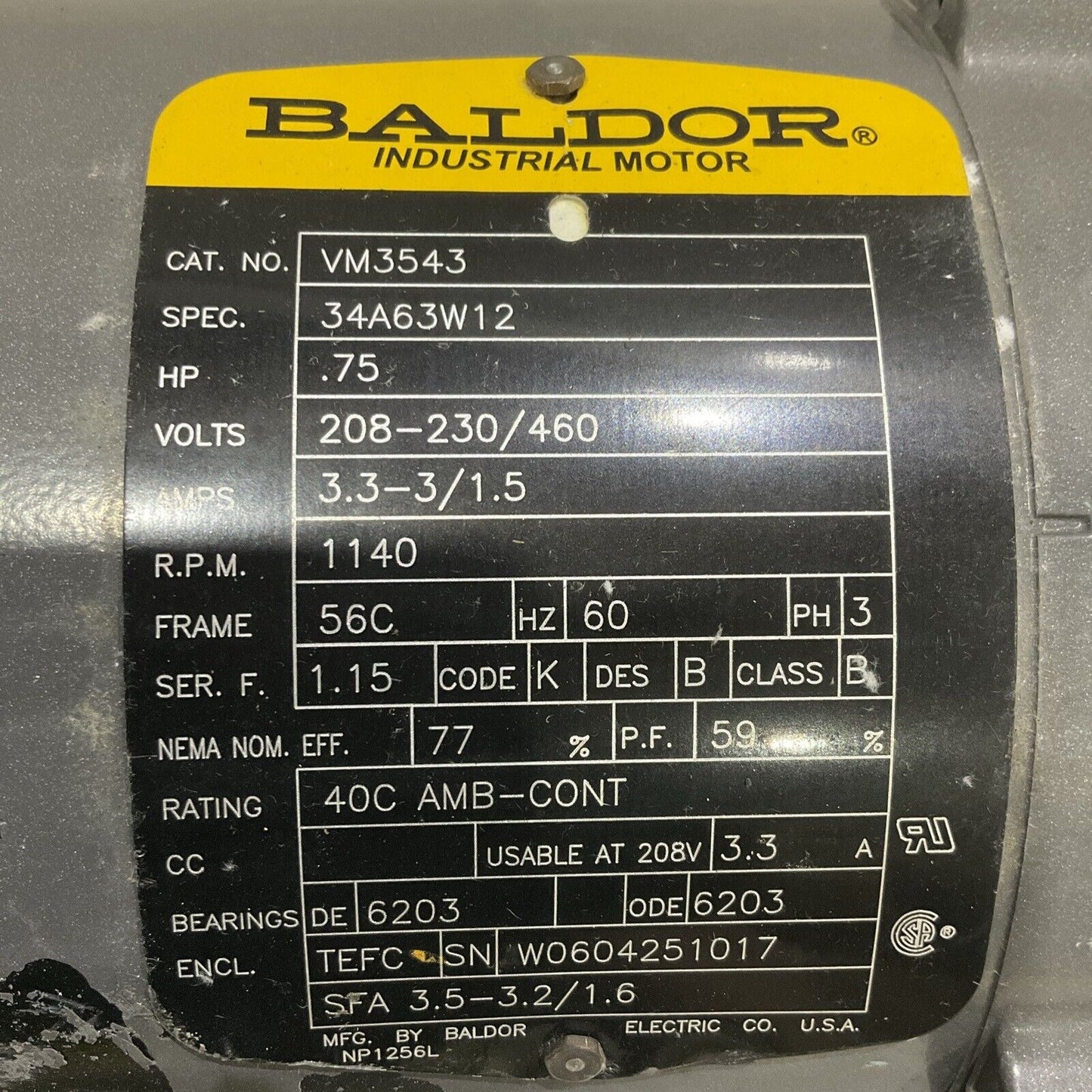 BALDOR DODGE VM3543 INDUSTRIAL MOTOR .75 HP 460V 1140 RPM U4M