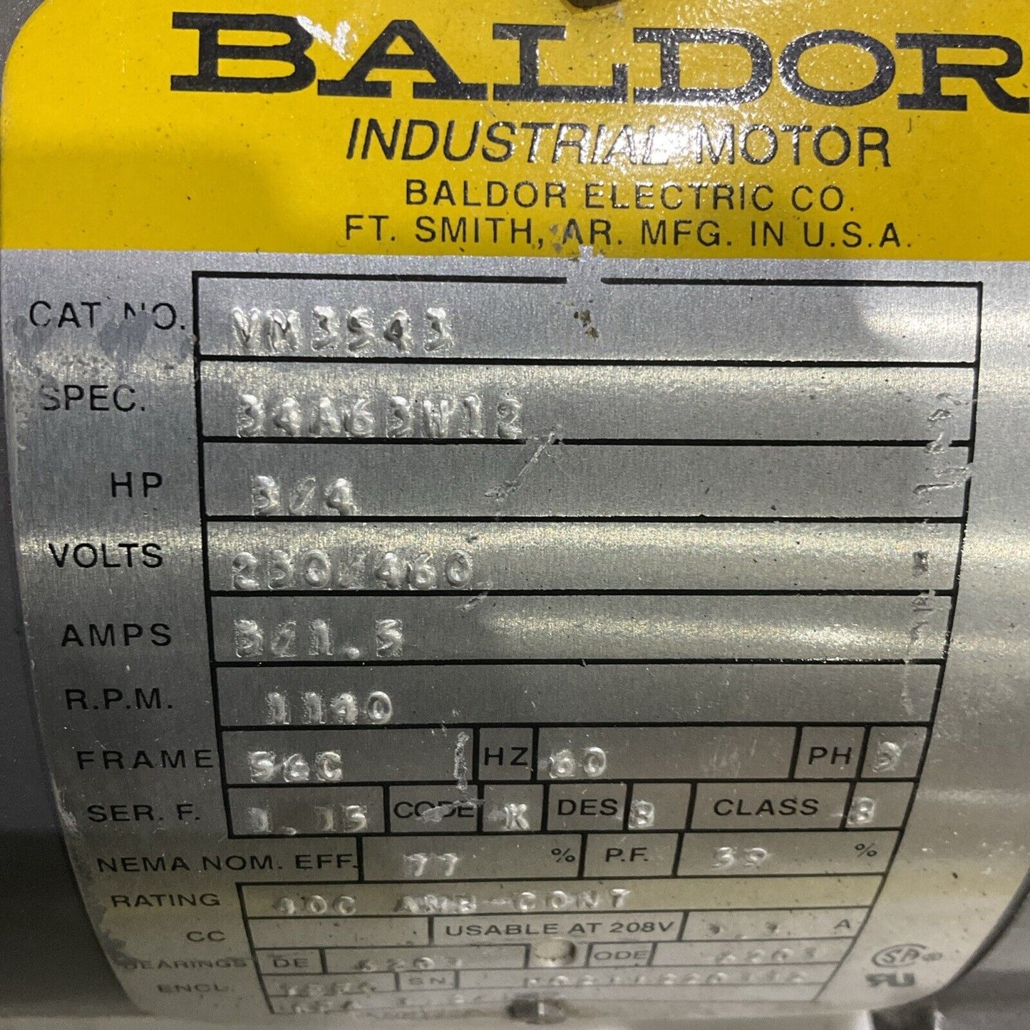 BALDOR DODGE VM3543 INDUSTRIAL MOTOR .75 HP 460V 1140 RPM U4M