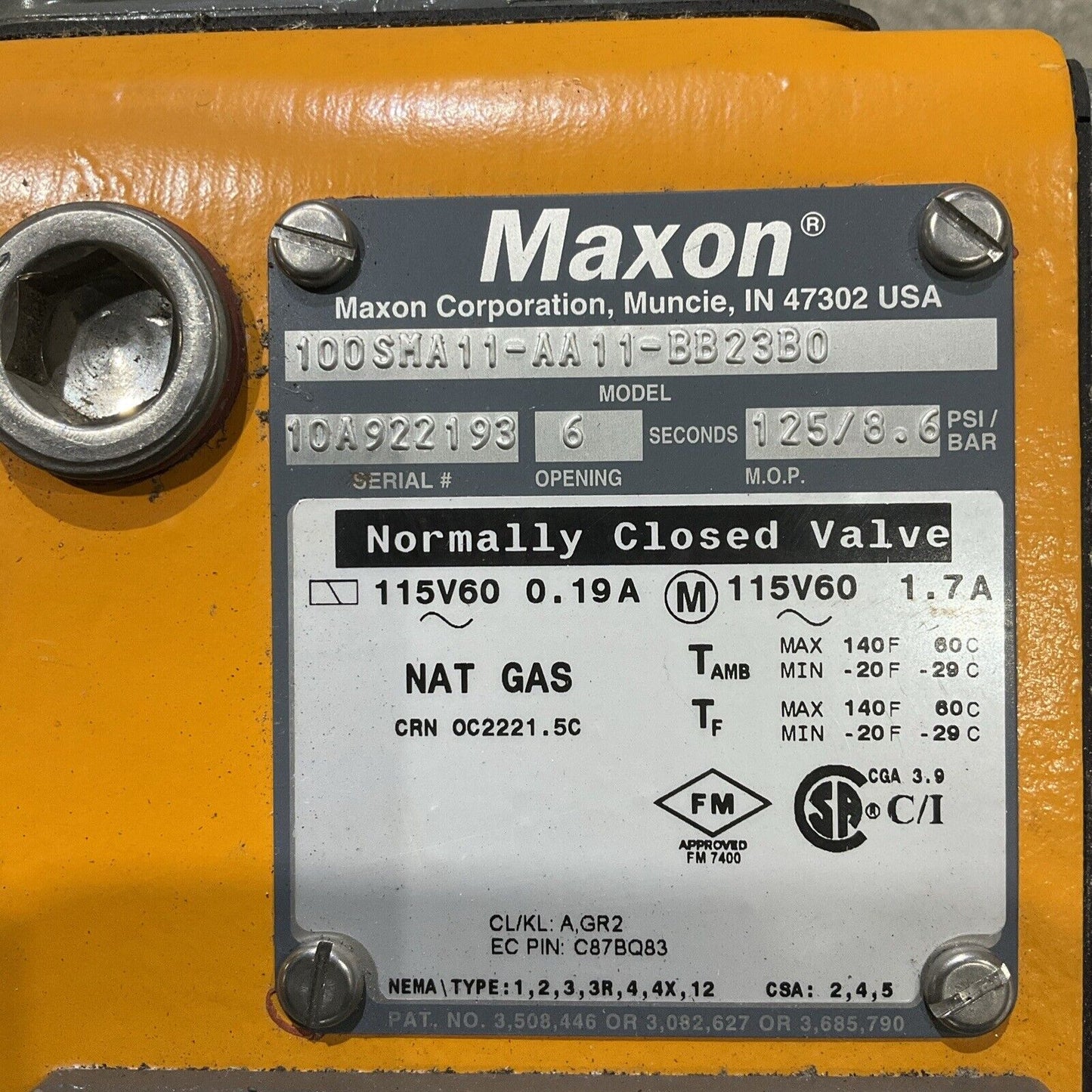 HONEYWELL MAXON 100SMA11-AA11-BB23B0 GAS ELECTRO-MECHANICAL VALVE 115V60 U4M