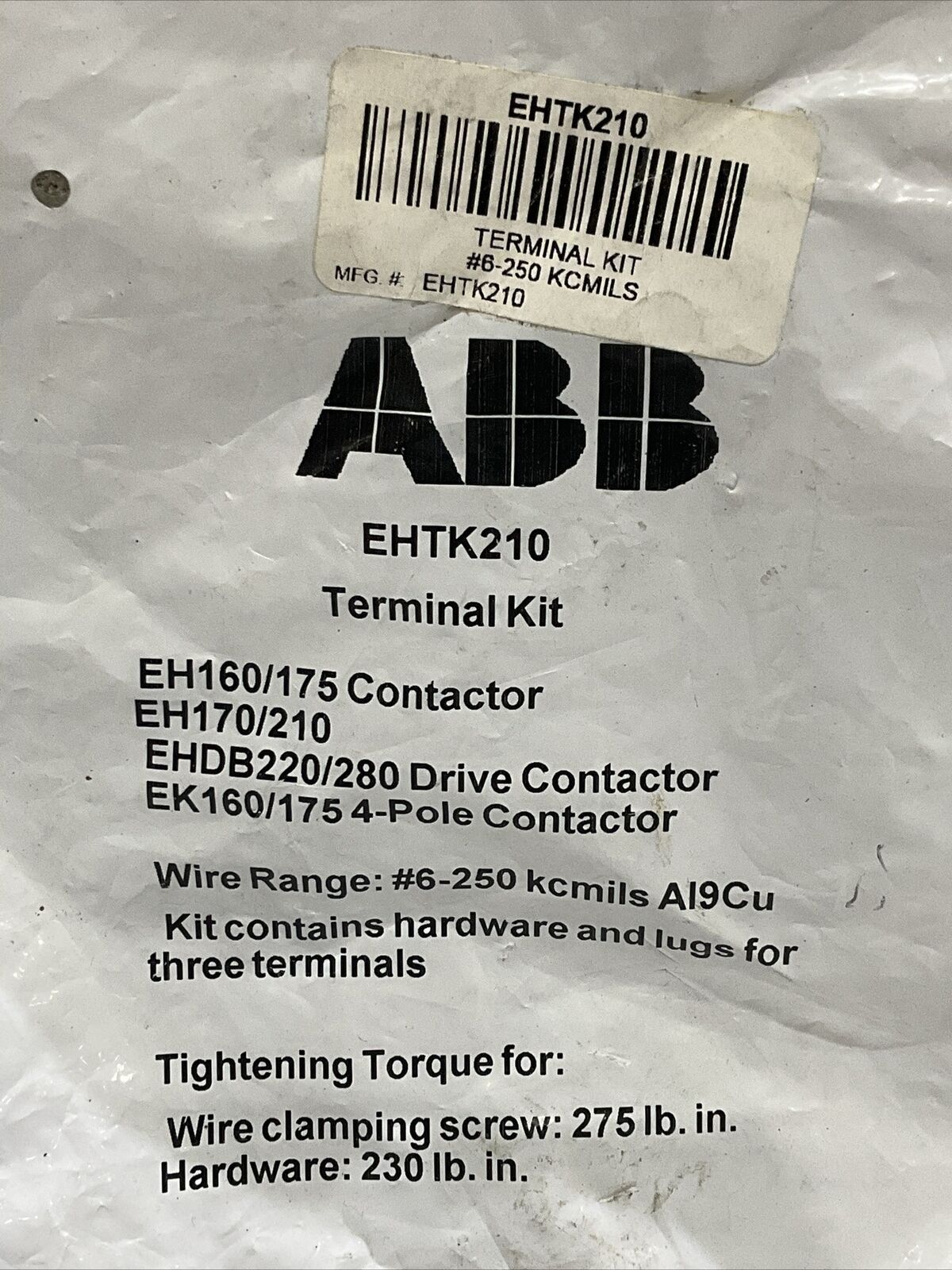 ABB EHTK210 EH160/175 CONTACTOR TERMINAL KIT U4M