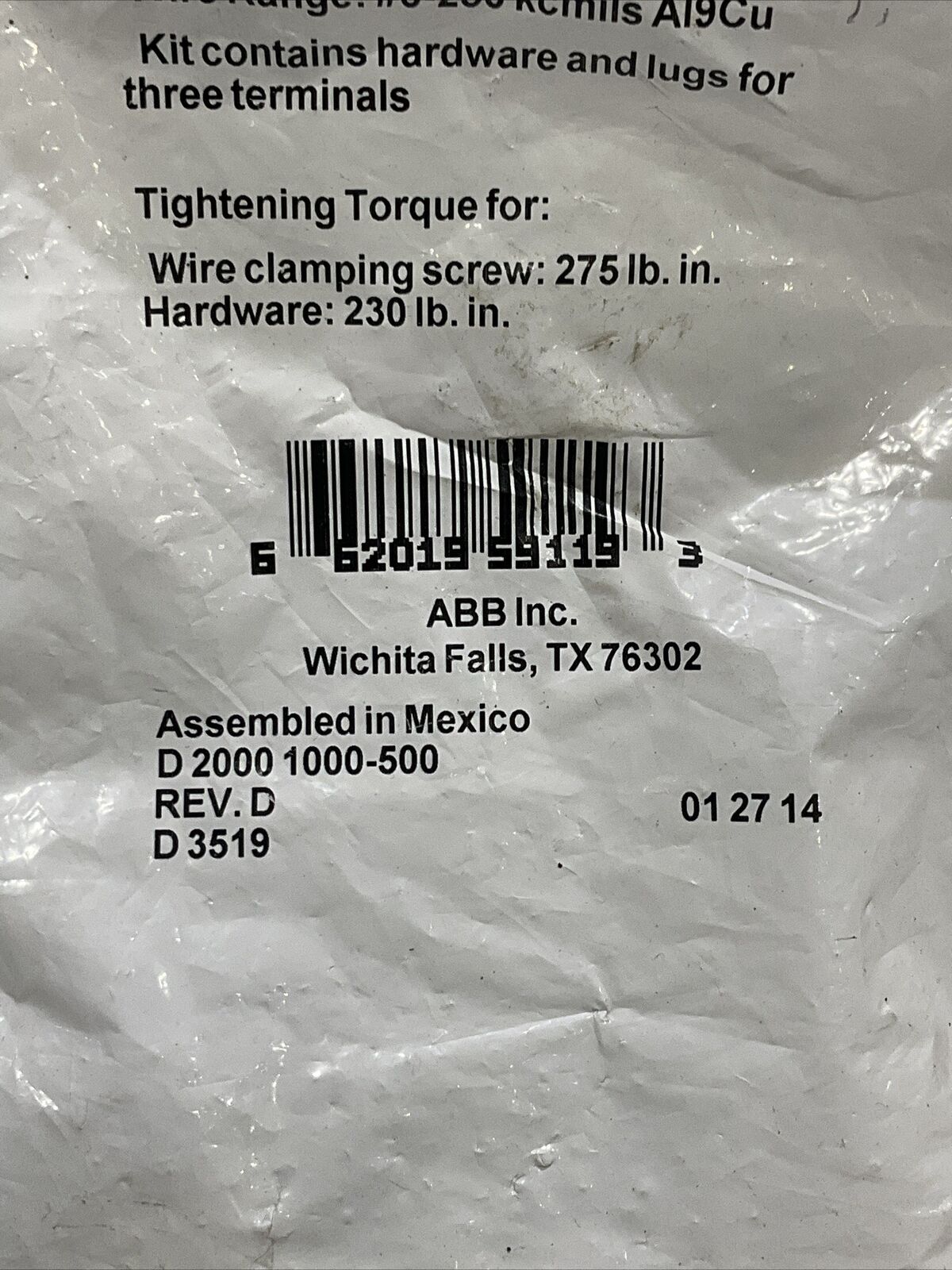 ABB EHTK210 EH160/175 CONTACTOR TERMINAL KIT U4M