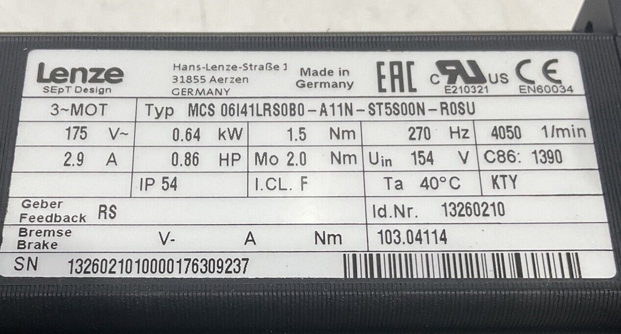 LENZE MCS 06I41LRS0B0-A11N-ST5S00N-R0SU SERVO MOTOR U3S