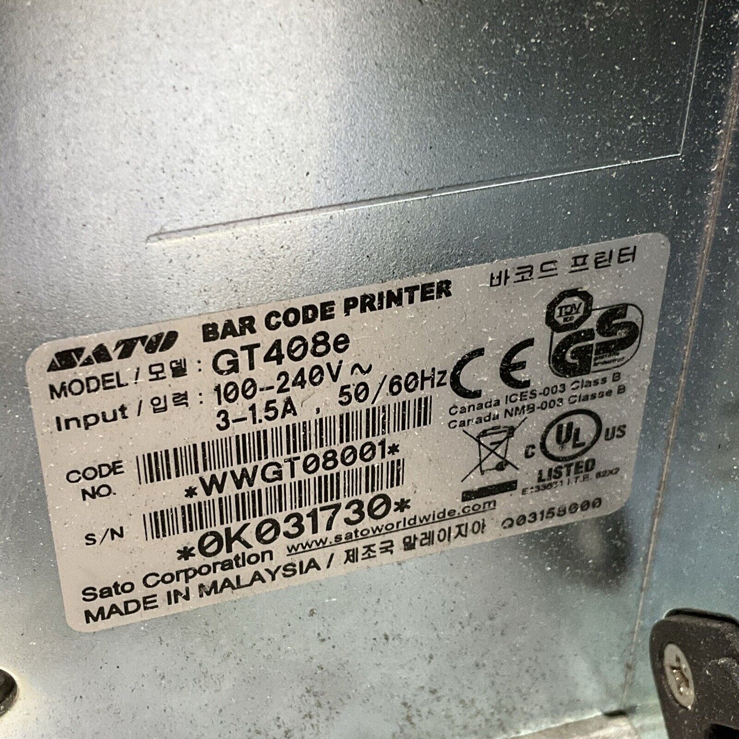 SATO GT408E BAR CODE PRINTER 240V 1.5 A 50/60 HZ U3S