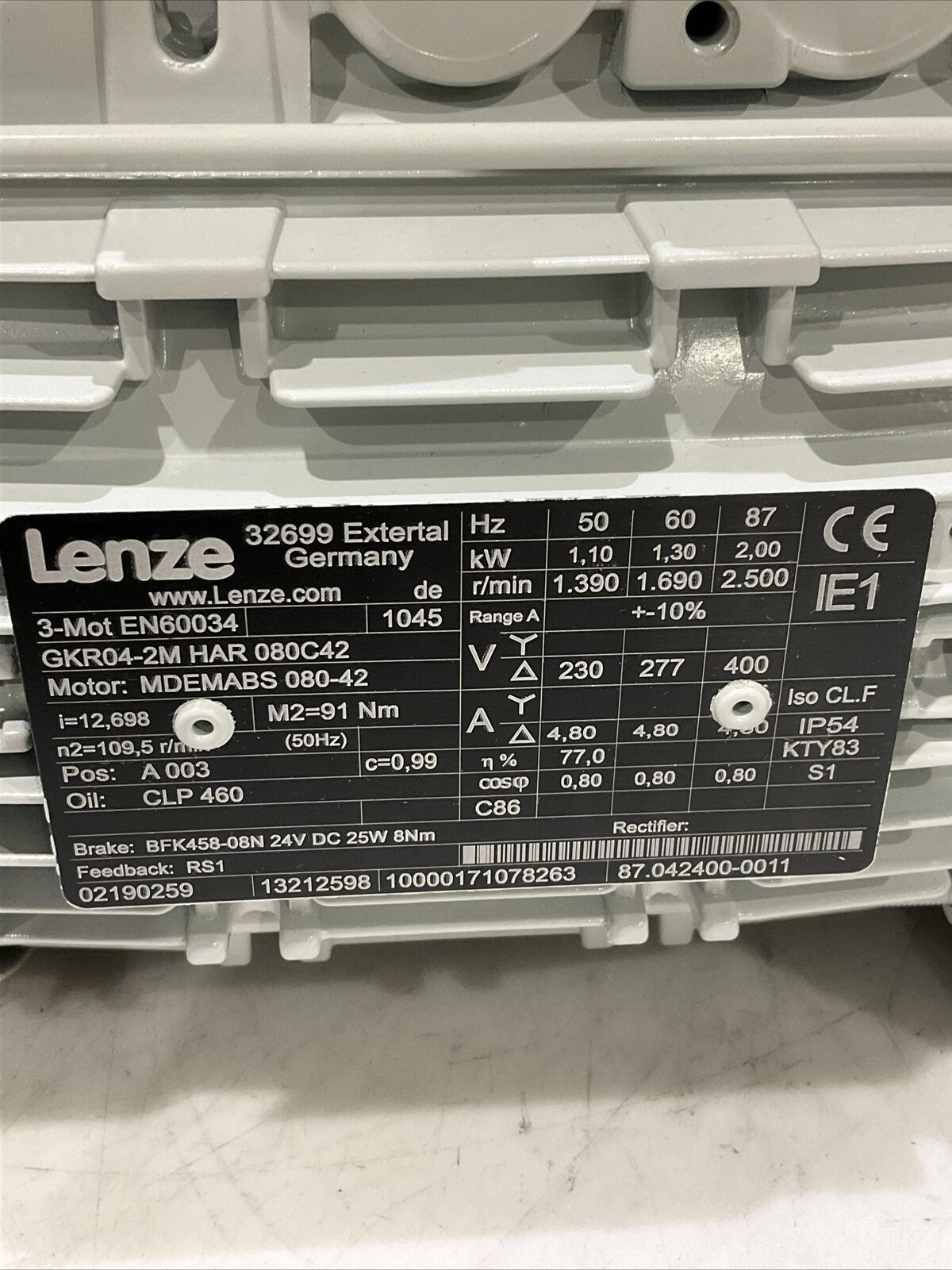 LENZE GKR04-2M HAR 080C42 MDEMABS 080-42 INDUSTRIAL MOTOR 60 HZ U3S