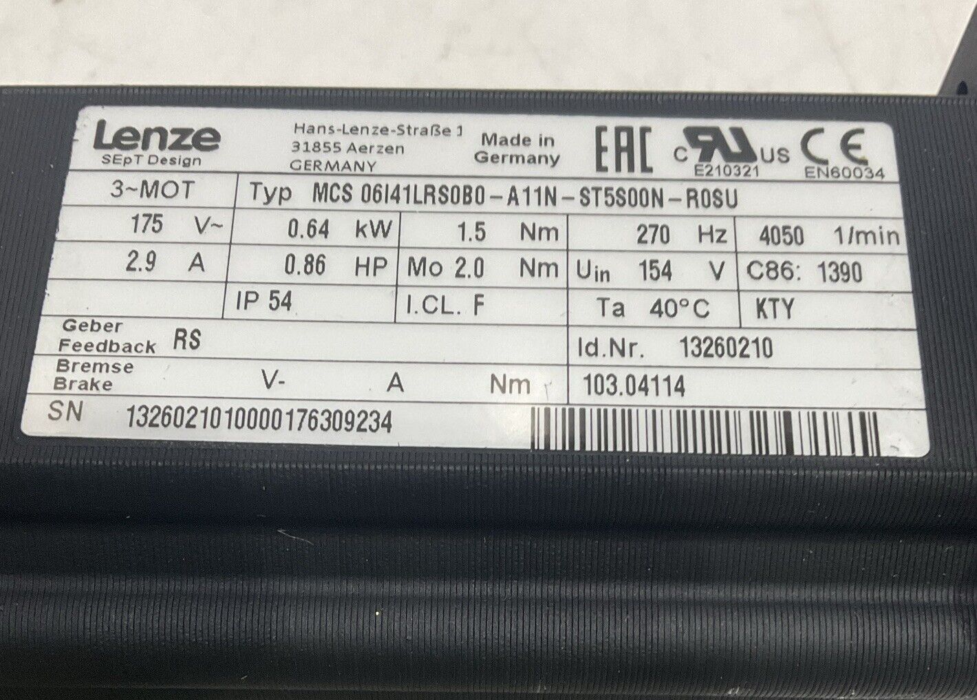 LENZE MCS 06I41LRS0B0-A11N-ST5S00N-R0SU SERVO MOTOR U3S