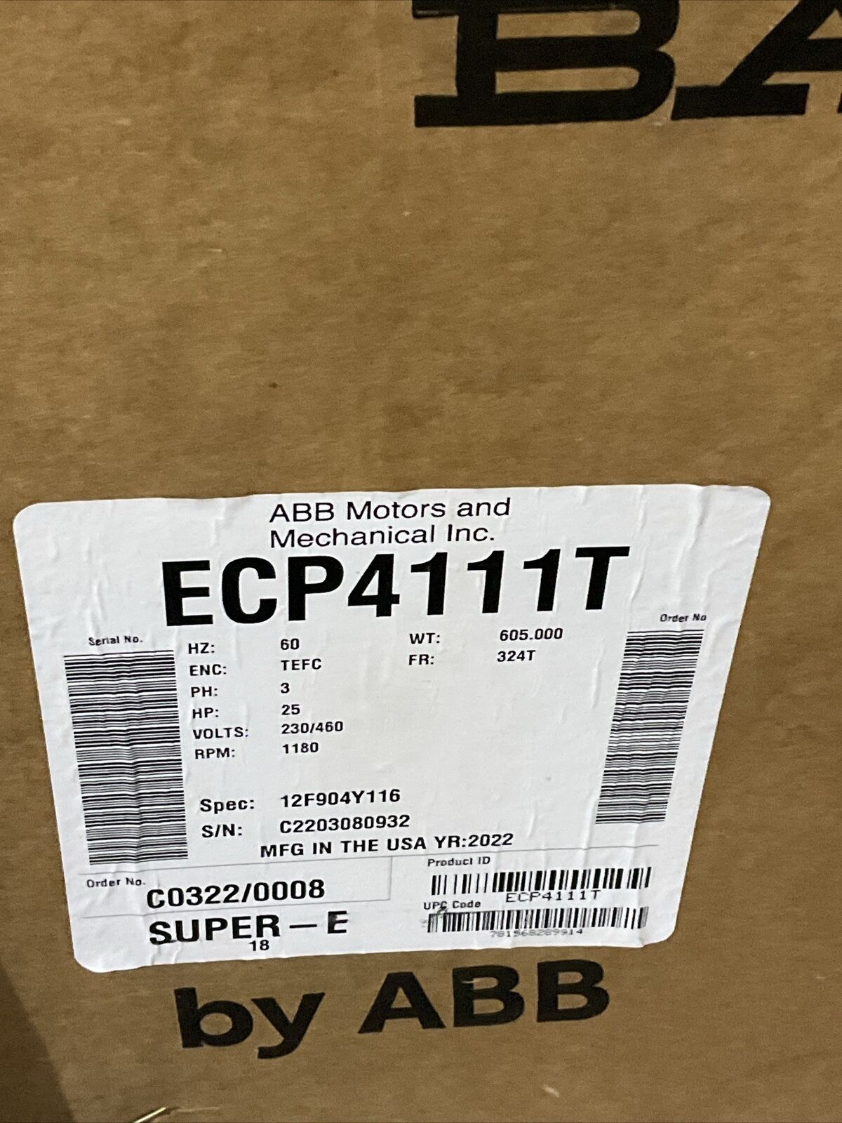 ABB BALDOR RELIANCE ECP4111T SUPER-E MOTOR 60HZ 3PH 25HP 230/460V U4M