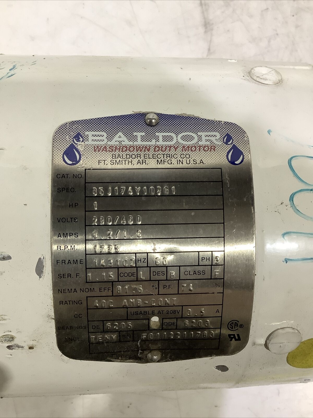 BALDOR 35J174Y102G1 WASHDOWN MOTOR 1HP 3PH 230/460V 1725RPM 143TCZ U4M