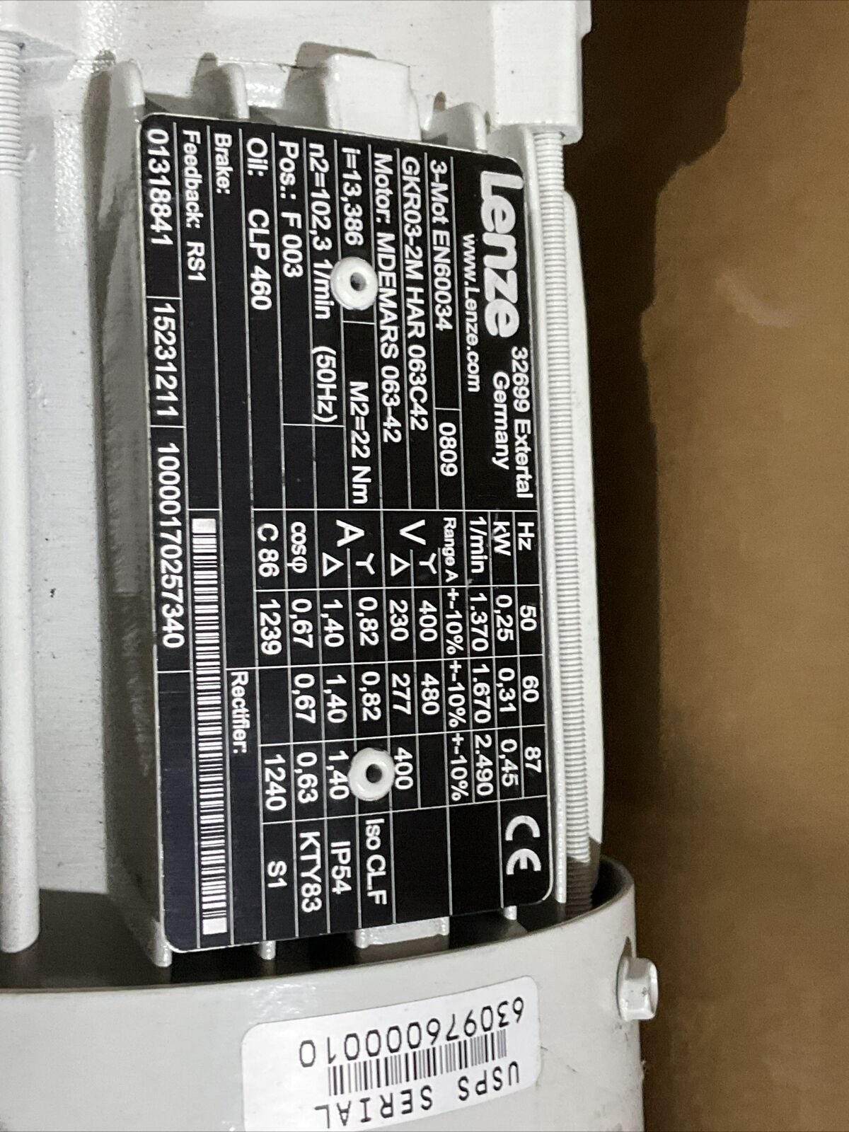 LENZE GKR03-2M HAR 063C42 MDEMARS 063-42 GEARBOX MOTOR 50/60HZ 1.370 RMIN U3S