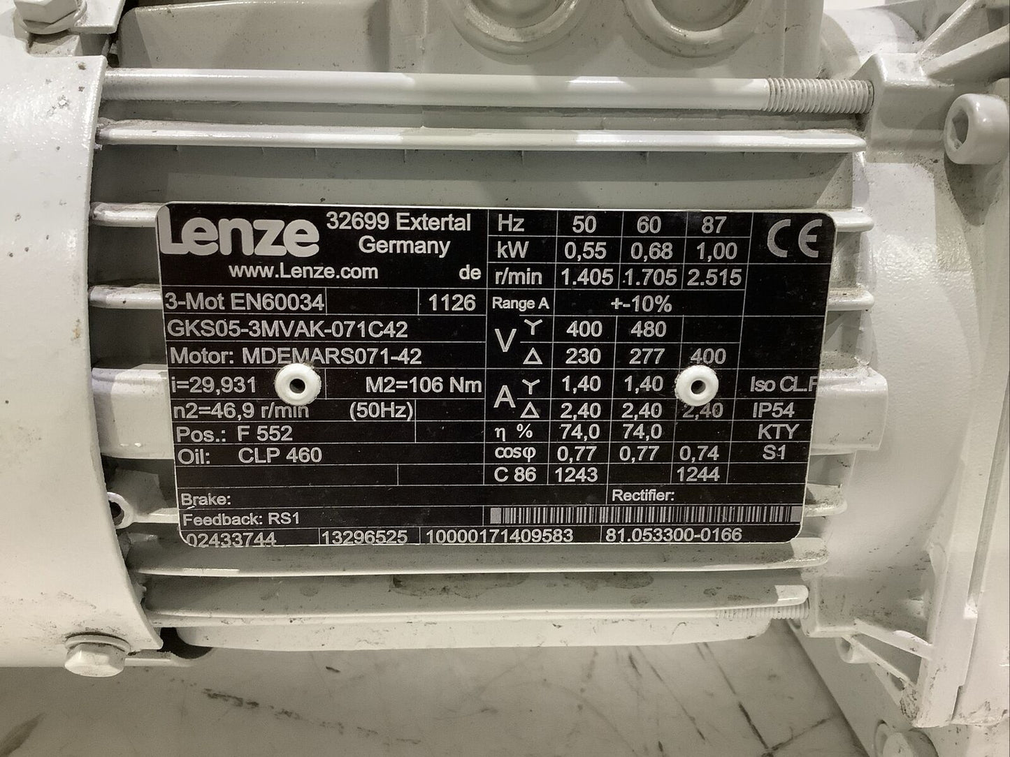 LENZE EN60034 GKS05-3MVAK-071C42 MDEMARS071-42 GEARBOX MOTOR U3S