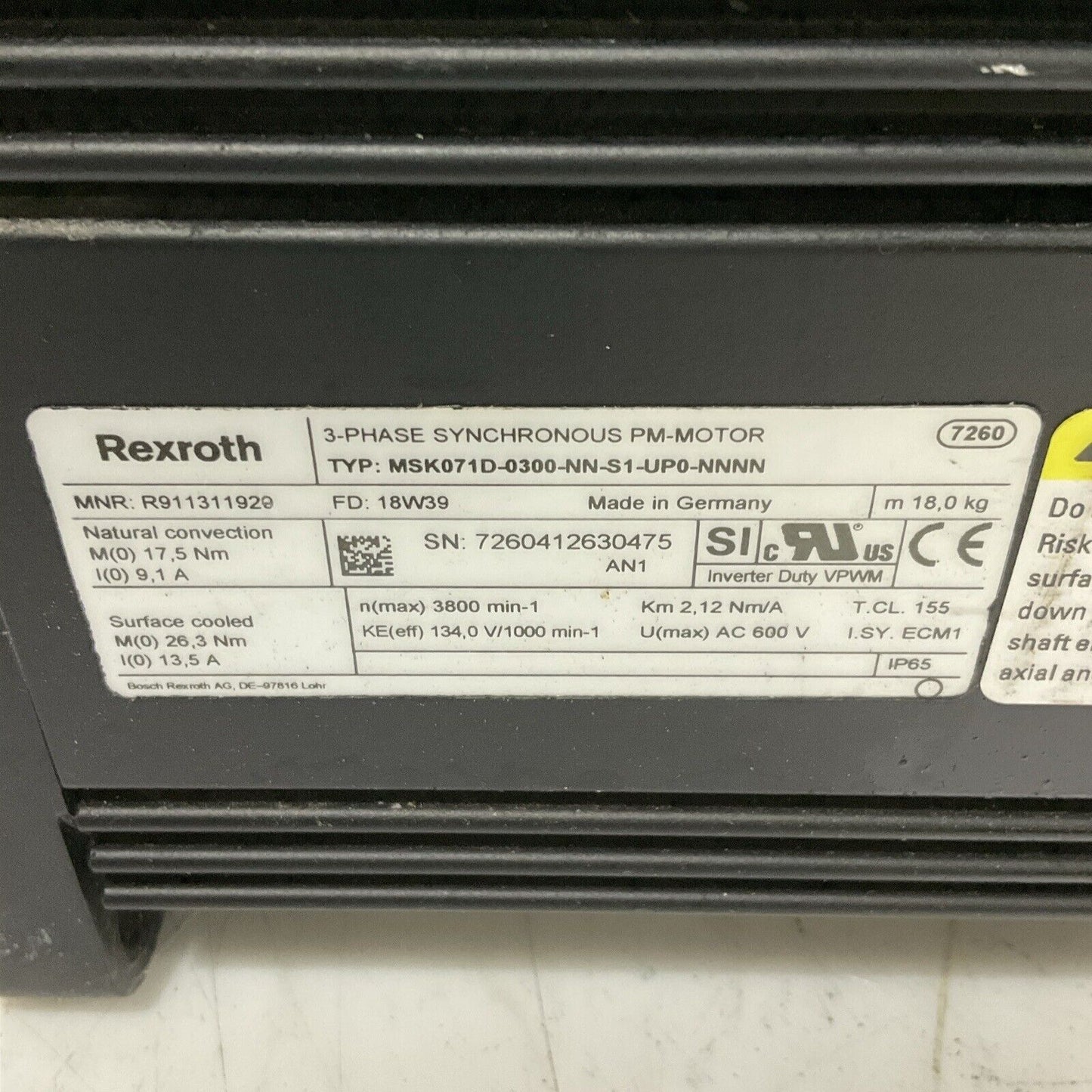 REXROTH R911311929 MSK071D-0300-NN-S1-UP0-NNNN SYNCHRONOUS PM-MOTOR  3 PH U4M