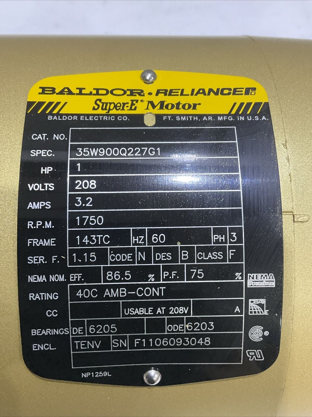 BALDOR RELIANCE 21256500 SUPER E MOTOR 60 HZ 3 PH 1 HP 208 V 1750 RPM U3S