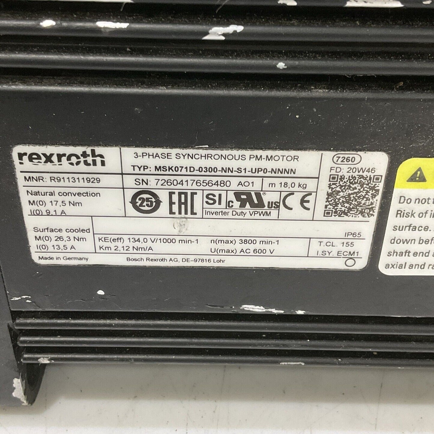 REXROTH R911311929 MSK071D-0300-NN-S1-UP0-NNNN SYNCHRONOUS PM-MOTOR  3 PH U4M