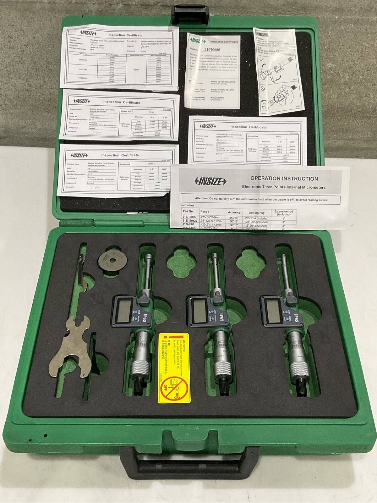 INSIZE 3127-E053 IP65 DIGITAL  3 PIONT INTERNAL MICROMETER .275-.5”/7-13MM S8M