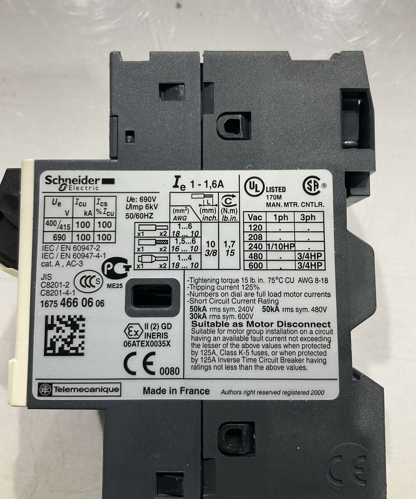 SCHNEIDER  ELECTRIC GV2ME06  MANUAL  STARTER  690V  LOT OF 3 U3S